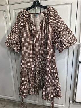 Terra & Sky Brown Gingham Tie-Waist Tiered Midi Plus Size Dress 3X NWOT